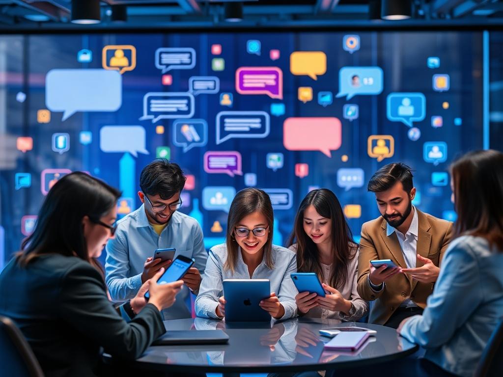 A vibrant digital community space featuring users actively engaging in a group chat on their devices. The background displays chat bubbles and colorful icons, creating an energetic environment. Users are depicted in diverse settings, showcasing a global reach, with a focus on collaboration and communication. The overall design is modern and inviting, embodying a sense of community.
