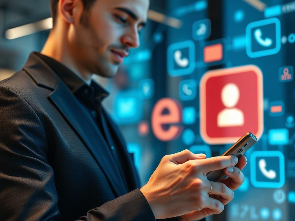 A sleek and modern representation of an AI-Powered eSIM communication system. Showcase a professional individual using a smartphone with a vibrant background featuring digital communication icons like chat bubbles and call symbols. The setting should be contemporary, with cool blues and blacks, crisp lighting highlighting the smartphone in use, suggesting connectivity and technology.