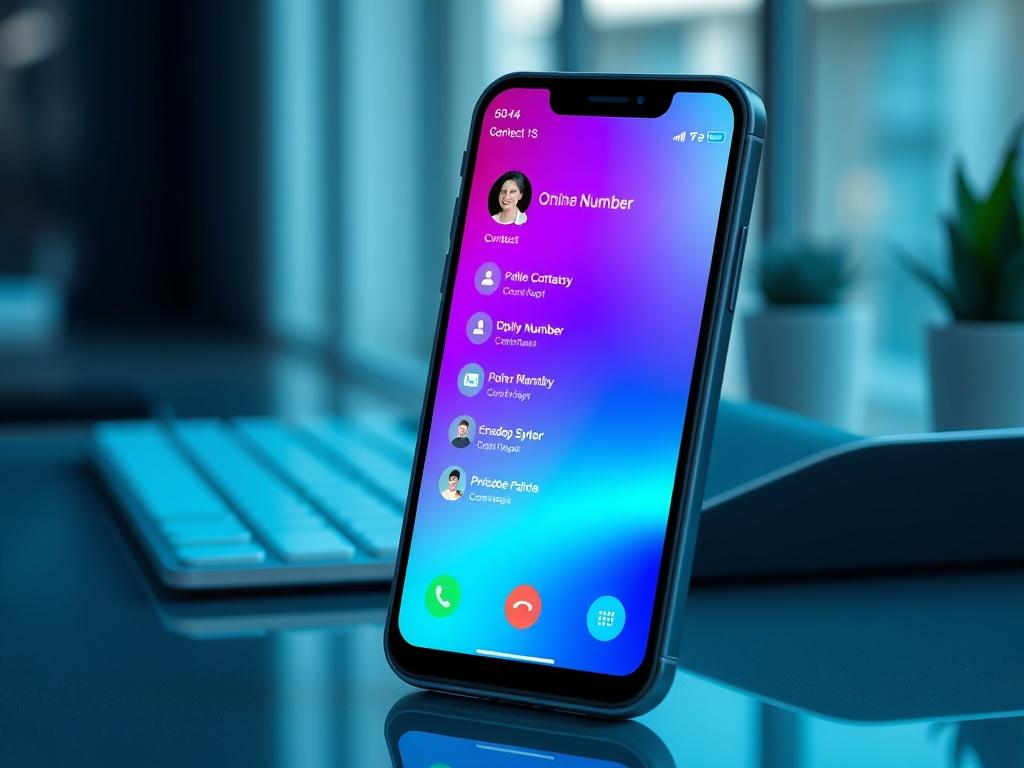 A sleek and modern smartphone displaying a user-friendly interface of an online phone number system. The screen showcases a vibrant contact list and messaging app, emphasizing communication features. The background features a stylish workspace with a clean, tech-focused aesthetic. Use a color palette of cool blues and blacks, with crisp lighting to highlight the device. Ensure the image reflects a professional vibe, suitable for business use.