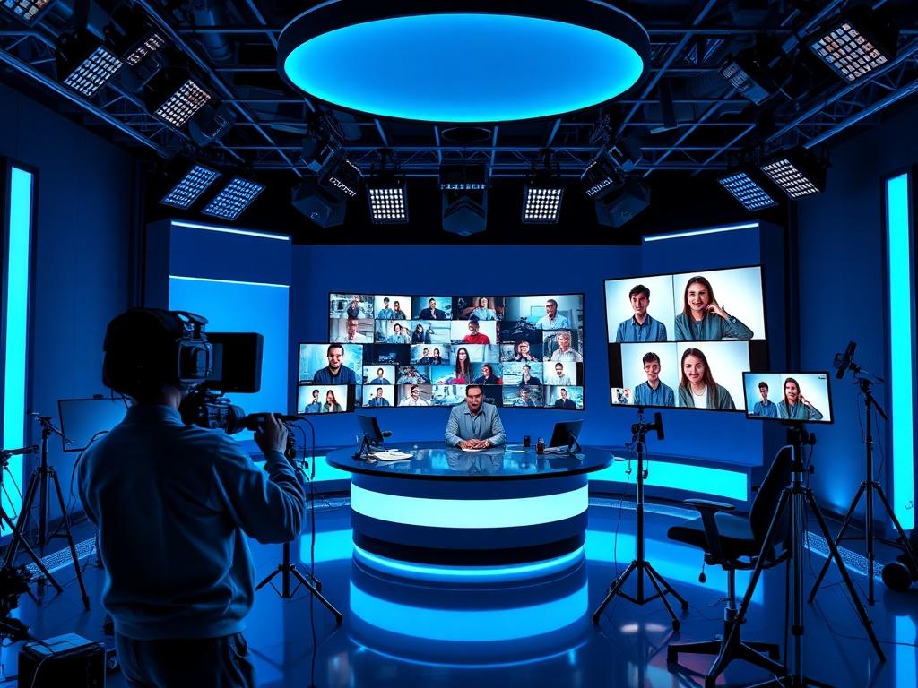 A vibrant live streaming setup featuring a professional host in a modern studio environment. The scene includes high-tech equipment and screens displaying viewer reactions, set against a backdrop of cool blues and blacks, conveying an engaging and dynamic atmosphere.