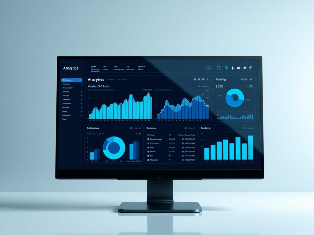 A sleek and modern analytics dashboard displayed on a high-resolution computer screen, showcasing vibrant graphs and heatmaps in cool blue and black tones. The background is minimalistic and tech-focused, emphasizing the data and analytics theme.