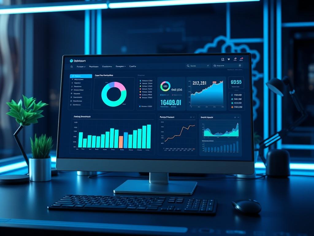 A sleek and modern desktop interface showcasing the AI-Powered Social Growth Platform, featuring vibrant graphs and analytics. The background should be a stylish tech-themed workspace with cool blues and blacks, highlighting the platform's user-friendly dashboard.