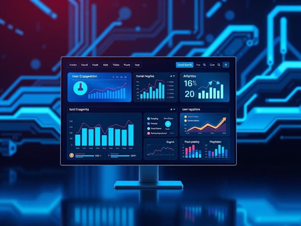 A sleek, modern digital interface showcasing a vibrant dashboard with analytics graphs, social media icons, and user engagement metrics. The background features cool blues and blacks with crisp lighting, emphasizing a tech-focused aesthetic. The design is clean and professional, highlighting the integration of AI tools for social growth.