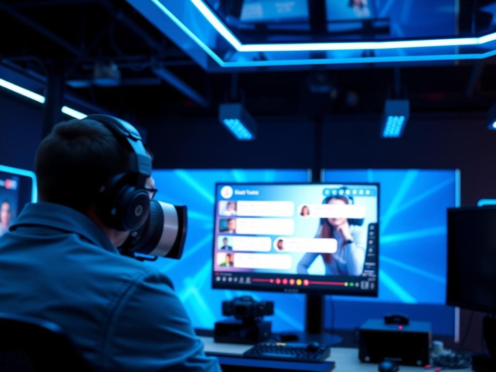 A vibrant live streaming setup featuring a user engaged in a streaming session with chat interactions visible on the screen. The background showcases a modern, tech-savvy environment with bright lighting and sleek design elements, emphasizing the interactive and engaging nature of live streaming.