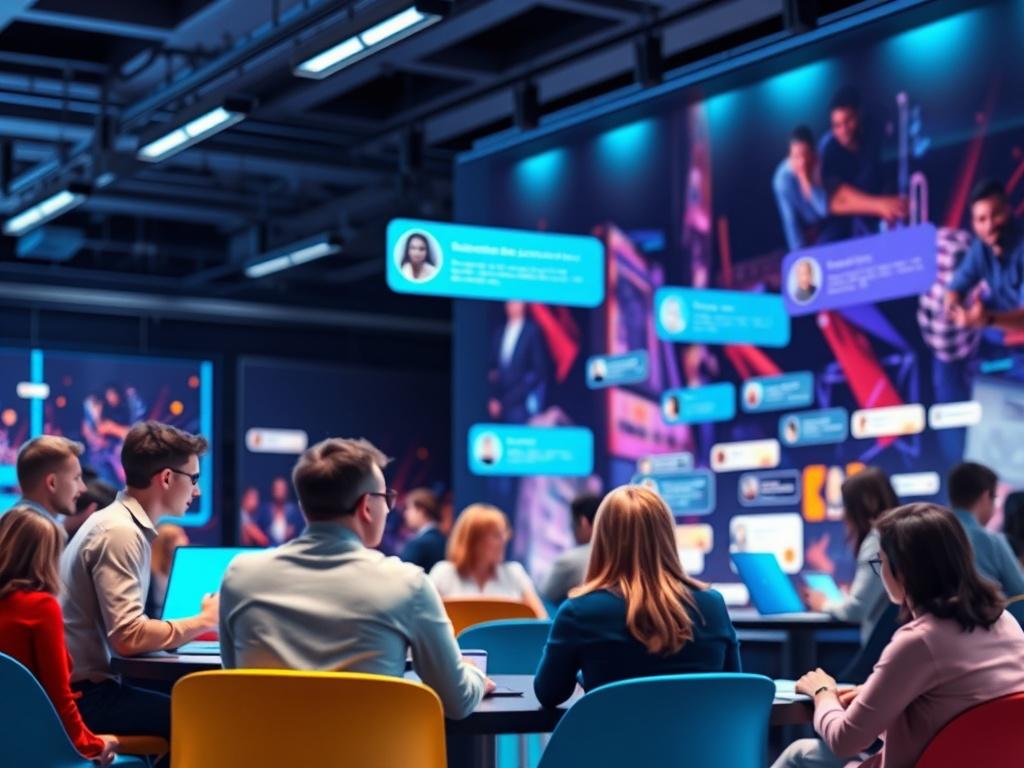 A lively digital community space displaying users engaging in group chats and discussions. The design features modern chat interfaces with vibrant colors, emphasizing user interaction. The background is dynamic and visually appealing, showcasing a sense of community and collaboration.