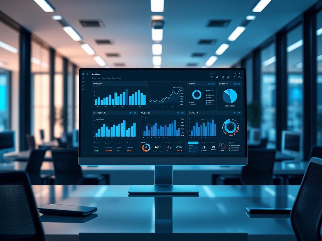 A high-resolution visualization of an analytics dashboard displaying various metrics and charts on a sleek computer screen. The background should be a contemporary office environment with cool blues and blacks, representing a professional and tech-savvy atmosphere.