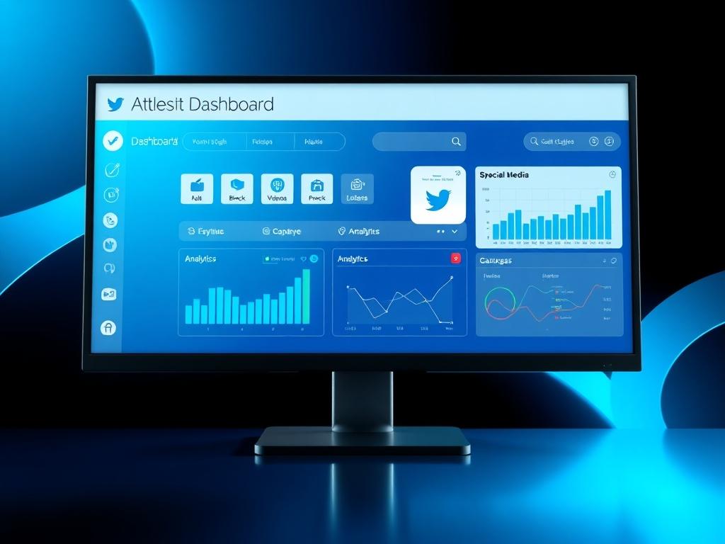 A high-resolution image depicting a sleek dashboard interface with multiple social media icons and analytics charts displayed on a modern computer screen. The background should incorporate cool blue and black tones for a professional look.