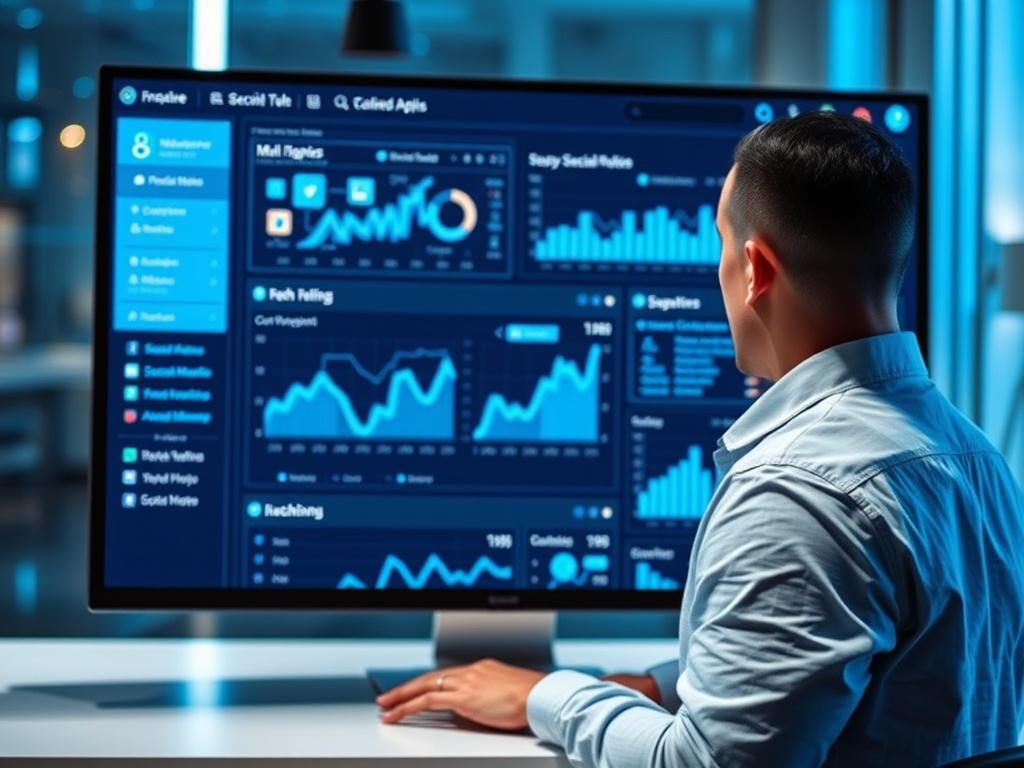 A designer showcasing multiple social media platforms' APIs integrated into a single dashboard. The interface features vibrant graphs and analytics with a cool blue and black color scheme.
