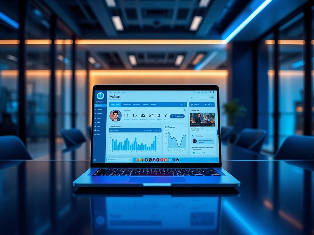 A sleek, modern workspace featuring a laptop displaying a vibrant social media dashboard, showcasing analytics and live streaming features. The background should be an elegant office space with cool blue and black tones, highlighting a professional and tech-savvy environment.