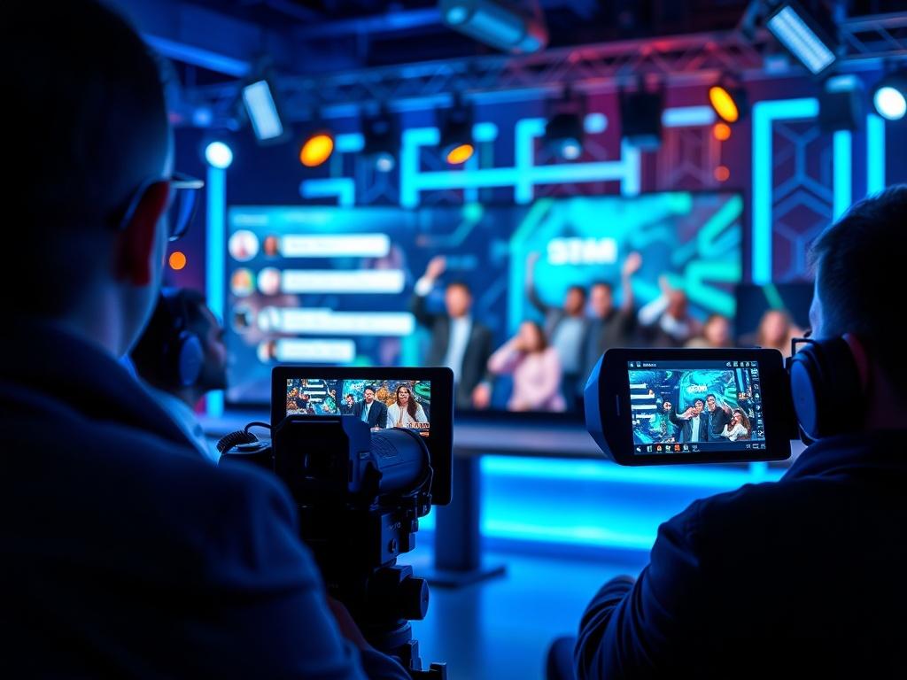 A dynamic live streaming session in progress, captured on a high-resolution camera. The scene showcases a lively host engaging with the audience, with interactive chat features visible on the screen. The background reflects a tech-focused environment, with vibrant colors and professional lighting, emphasizing the energy of the live event.