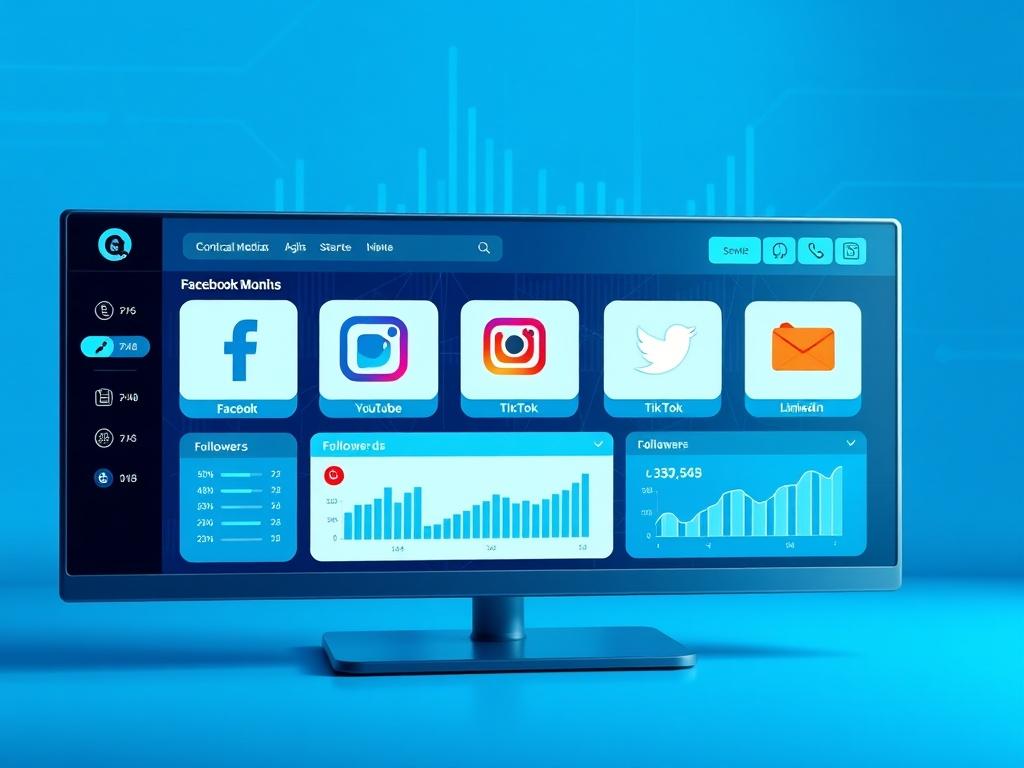 A sleek and modern user interface displaying a social media dashboard with icons for Facebook, Instagram, YouTube, TikTok, Twitter, and LinkedIn. The background is a cool blue with a professional tech-focused aesthetic, emphasizing connectivity and integration. Include visual elements like graphs showing follower growth and engagement metrics. The design should be user-friendly and appealing, showcasing the power of social media management.