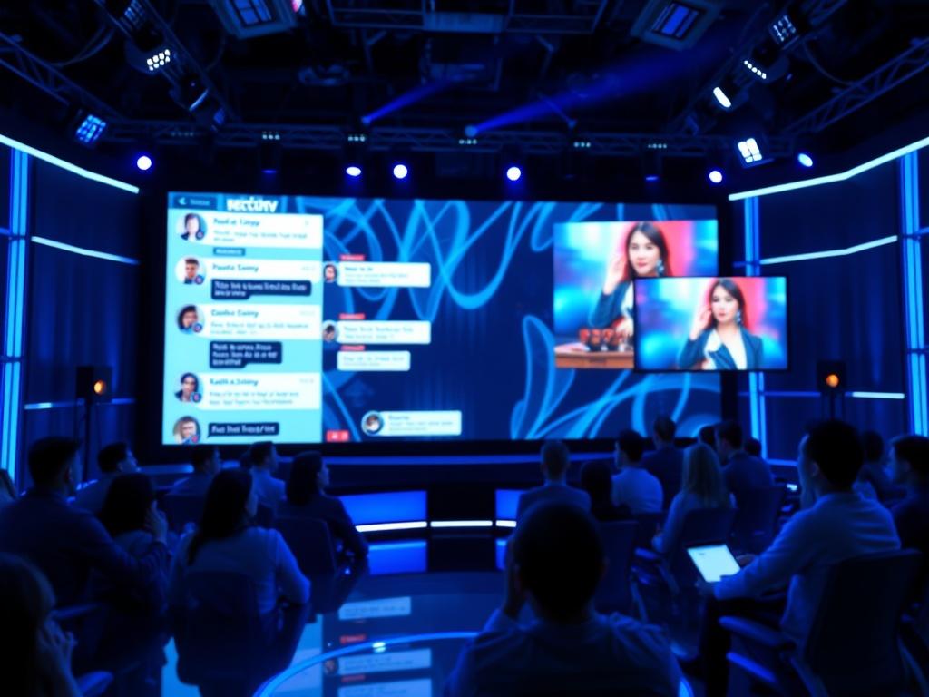 A dynamic live streaming event in action, displaying a vibrant chat interface with user interactions. The background should feature a modern studio setting, illuminated with cool blues and blacks, emphasizing the excitement of live audience engagement.