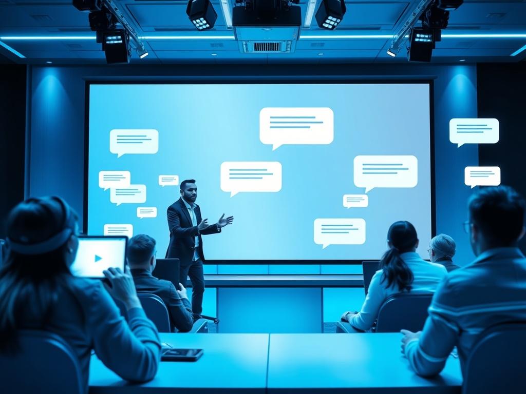 A live streaming session in action, with a dynamic host engaging an online audience, chat bubbles floating on screen, and a modern tech aesthetic featuring cool blue and black tones.