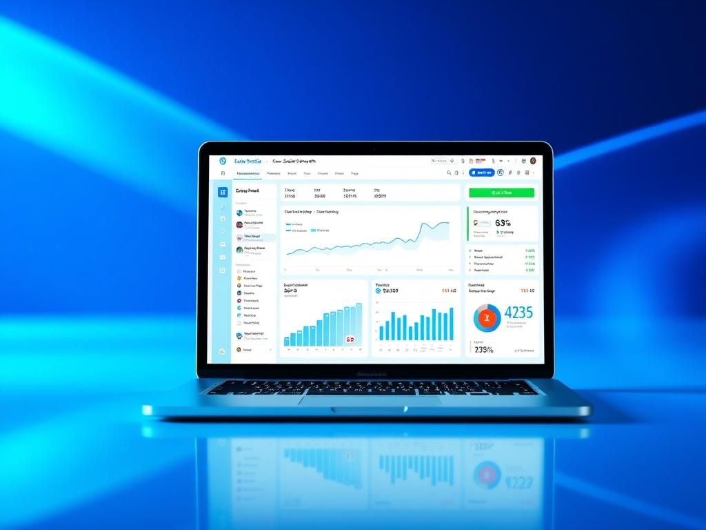 A sleek and modern interface of a social media growth platform displayed on a high-resolution laptop screen. The background features a vibrant color palette of cool blues and blacks, reflecting a professional tech aesthetic. The laptop screen shows graphs and analytics from various social media platforms, emphasizing user engagement and growth metrics.