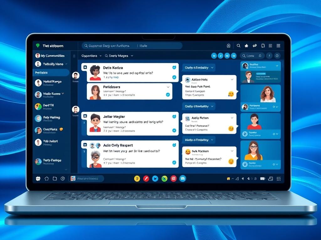 An engaging community chat room interface showcasing a vibrant discussion among users. The screen displays various chat threads, emojis, and notifications. Include diverse avatars representing community members actively participating in conversations. The background should be a modern design with cool blue tones, emphasizing the collaborative and interactive nature of online communities.