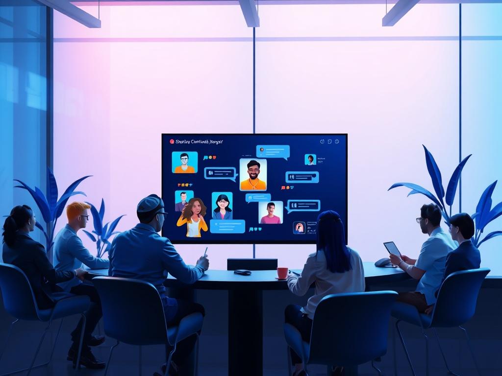 An inviting community chat room setting on a digital platform, illustrating users actively engaging in discussions. The background should feature a blend of dark and light themes, with vibrant colors to create an engaging, friendly atmosphere.