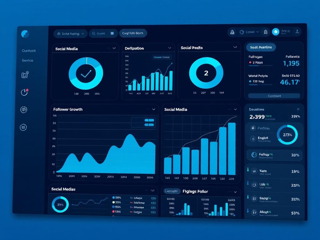 A detailed analytics dashboard displaying graphs and metrics for social media performance, including follower growth and engagement statistics. The design features a modern interface with a tech-savvy look in cool blue and black colors.