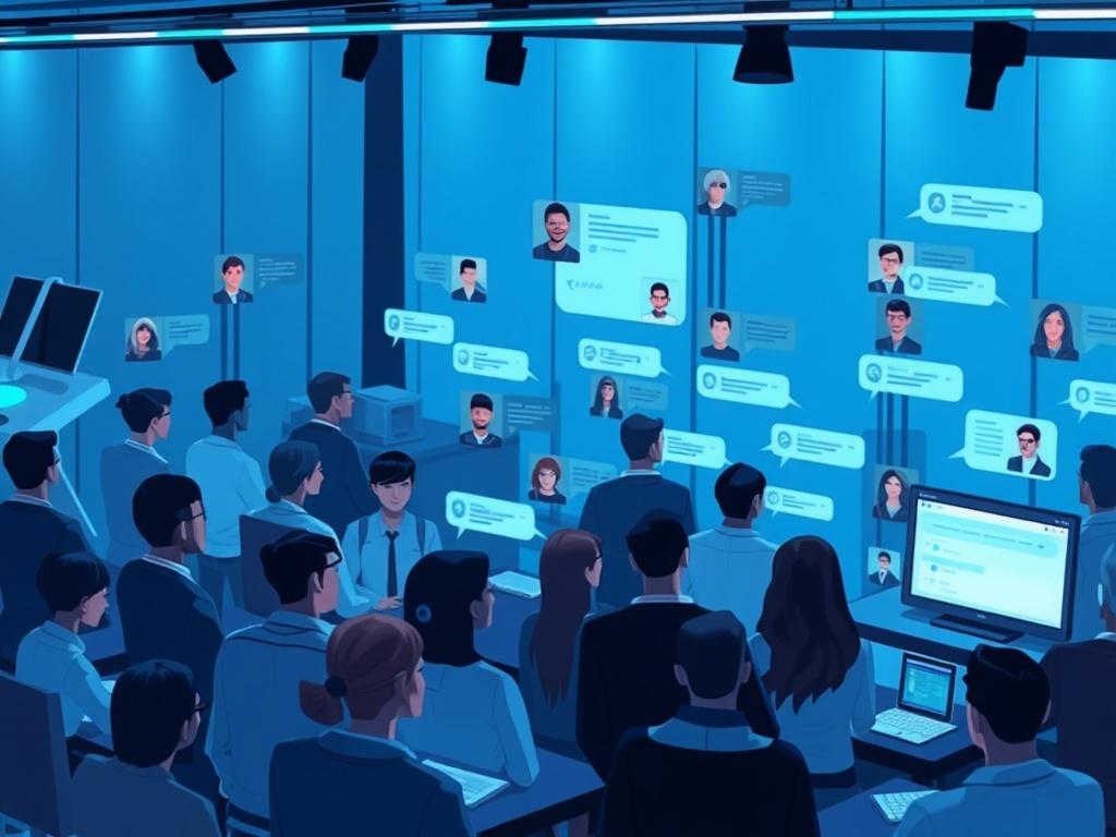 A vibrant online community interaction scene, featuring animated chat rooms and user avatars actively communicating. The background is filled with a modern aesthetic, using cool blues and blacks, showcasing a lively virtual gathering. Elements like notifications and chat bubbles enhance the sense of engagement among users.