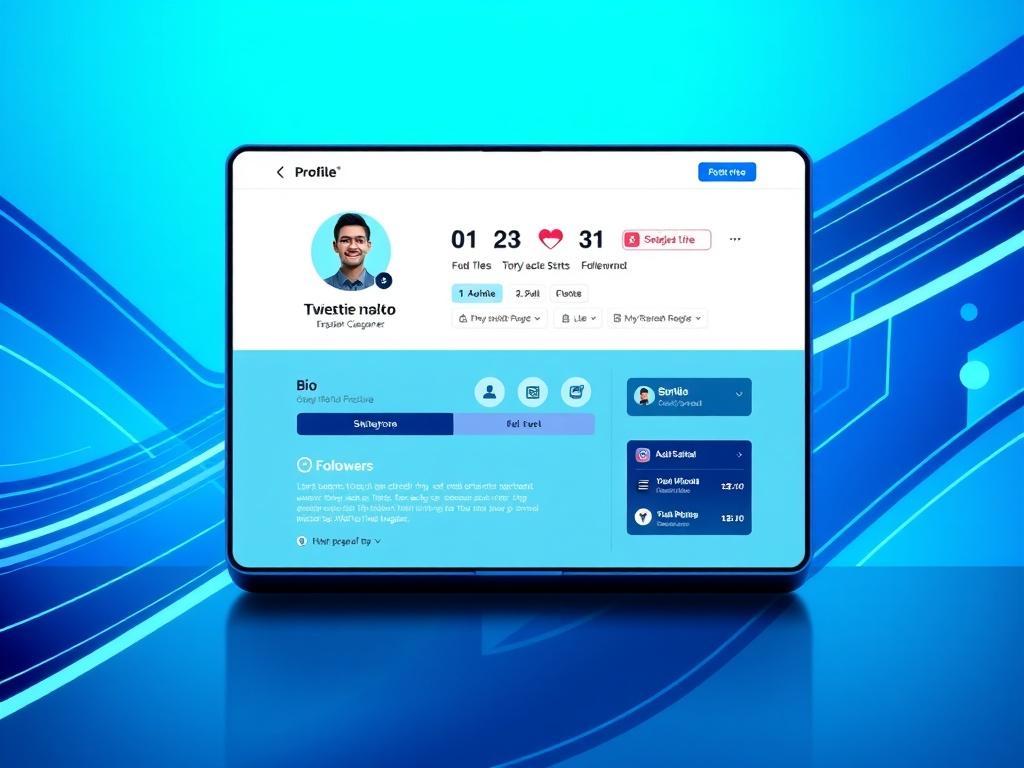 A high-resolution image of a modern user interface displaying a vibrant user profile with a bio, profile picture, and follower stats. The background features sleek design elements with cool blue and black tones, emphasizing a tech-focused aesthetic.