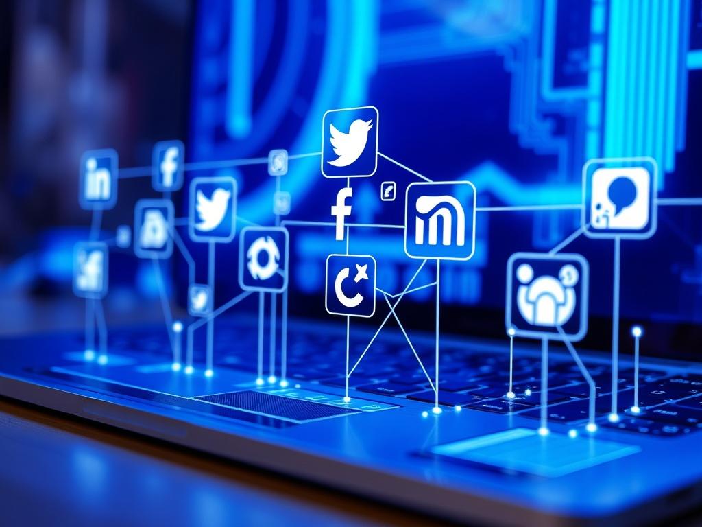 An engaging and realistic high-resolution image showcasing multiple social media platform logos interconnected through digital lines on a sleek interface. The background should feature a vibrant blue color palette with a modern tech aesthetic.