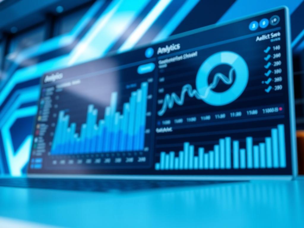 A detailed high-resolution image depicting an analytics dashboard with graphs and metrics displayed prominently. The background should feature a sleek, modern design, utilizing a blue and black color palette to emphasize a tech-savvy aesthetic.