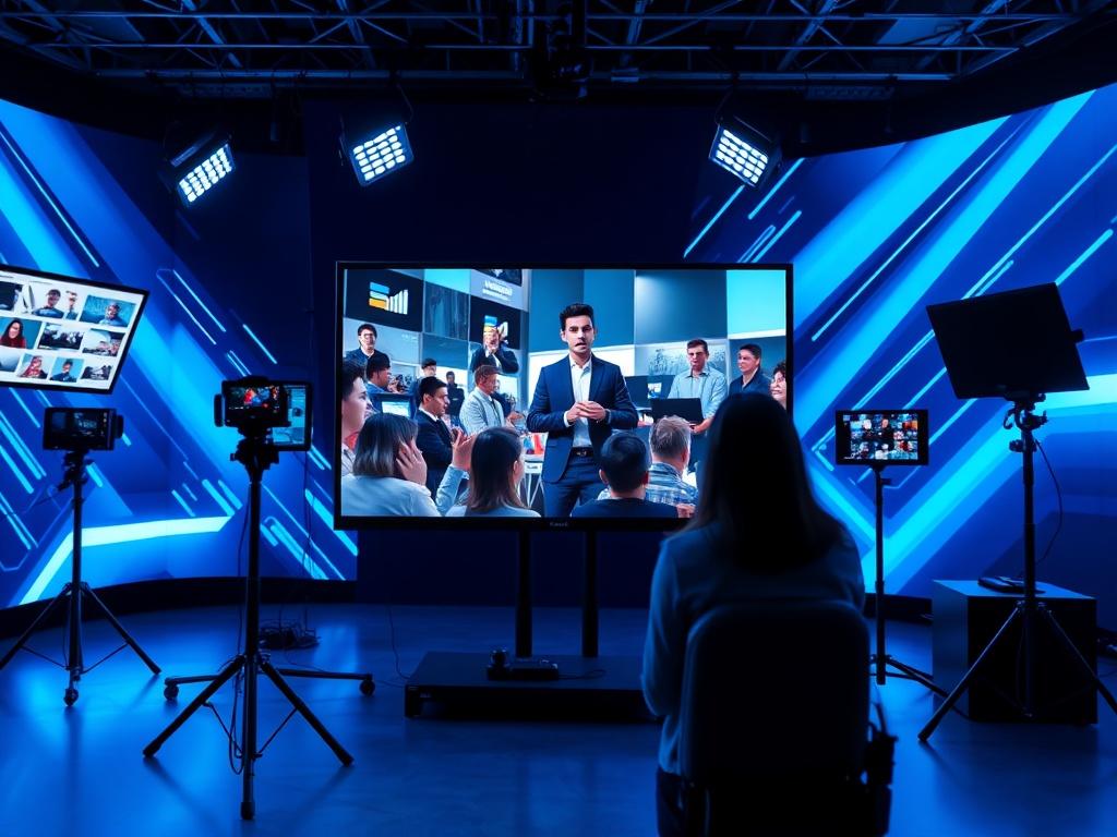 A high-resolution image of a live streaming setup showing a presenter engaging with a virtual audience on a sleek, modern screen. The background features dynamic elements in cool blue and black hues, creating an immersive tech environment.