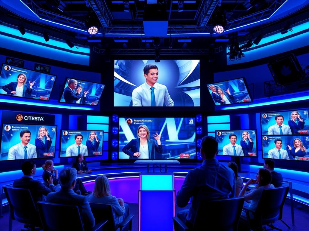 A vibrant live streaming setup featuring a presenter engaging with an online audience. The background displays a stylish, high-tech environment with screens showing live chat and viewer reactions. Emphasize the interactive element by depicting a mix of viewers' comments and emojis. The overall color scheme should reflect a modern tech aesthetic, highlighting the excitement of live streaming.