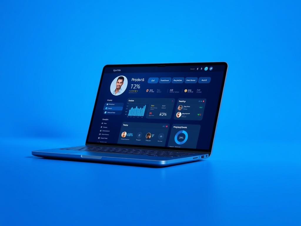 A vibrant, high-resolution image depicting a user profile interface on a sleek modern device, showcasing user statistics and visuals. The background should be a cool blue with a dark theme, emphasizing a professional and tech-focused aesthetic.