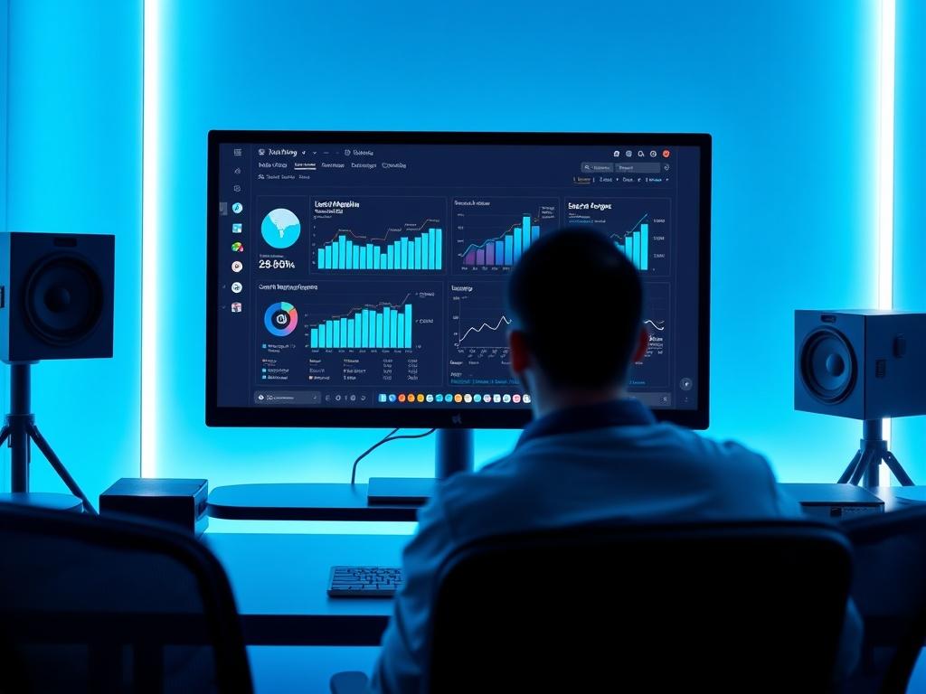 A sleek, modern workspace featuring a high-resolution computer screen displaying a vibrant dashboard of social media analytics. The room is styled with cool blues and black tones, showcasing a tech-savvy environment. Soft, professional lighting highlights the screen's details, with a focus on user engagement metrics and growth charts. A single person, focused on the screen, embodies determination and innovation in social media management.