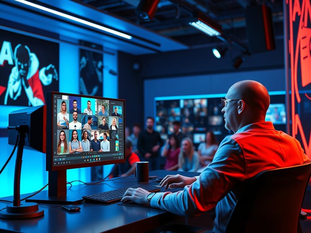 A dynamic scene of a live stream in action, with a host engaging with an online audience on a computer screen. The environment should be lively and colorful, showcasing chat interactions and reactions, with a professional, modern setup.