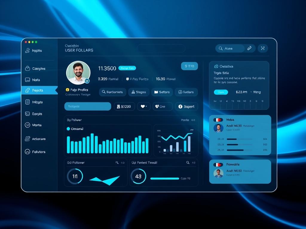 A sleek, modern interface of a user profile dashboard displaying follower stats, engagement metrics, and a user bio. The background is a gradient of cool blues and blacks, showcasing a tech-focused design.