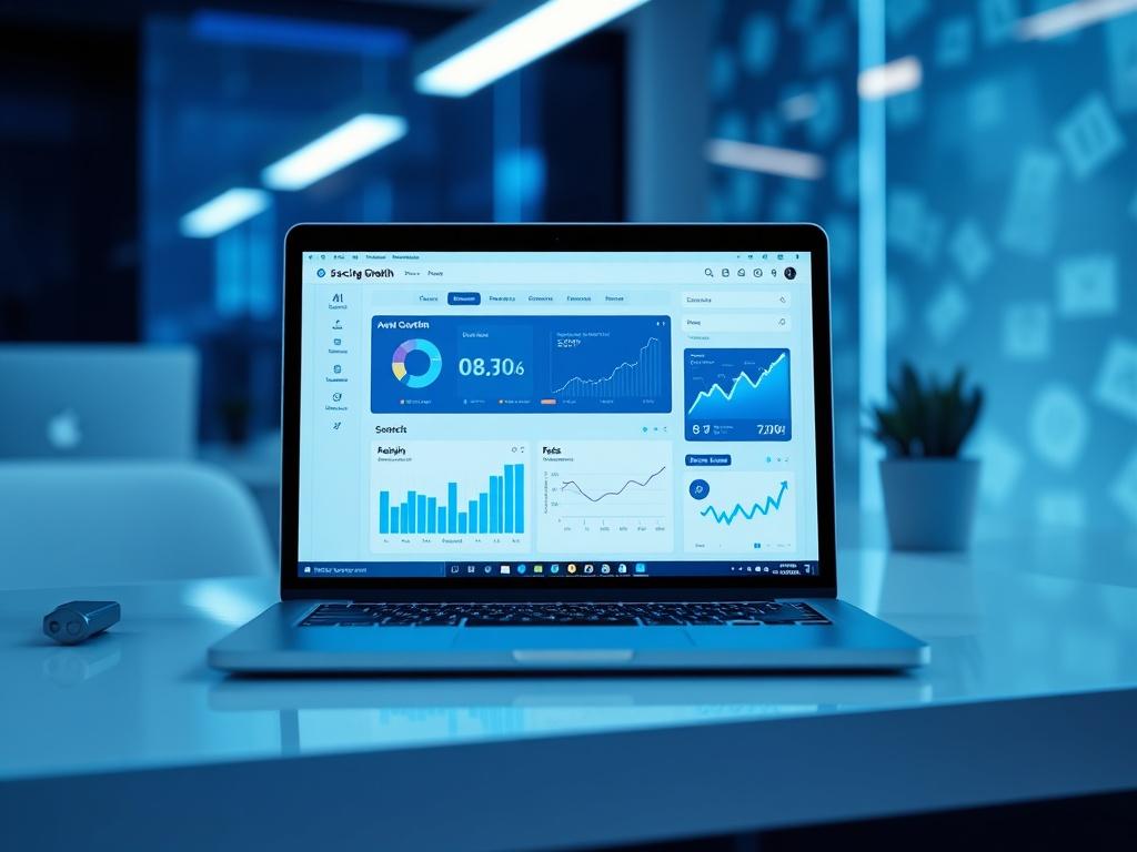 A sleek and modern workspace featuring a laptop displaying the AI Social Growth Platform interface. The screen shows vibrant graphs and analytics dashboards with a background of social media icons. The setting is well-lit with a contemporary design, in cool blues and blacks, creating a tech-focused aesthetic.