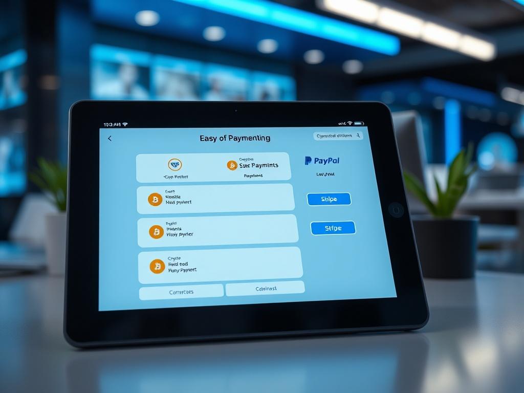 A close-up of a digital payment interface on a tablet, displaying various payment options like crypto, PayPal, and Stripe. The setting is modern and professional, featuring a stylish workspace with a sleek design in cool blues and blacks, highlighting the ease of monetization.