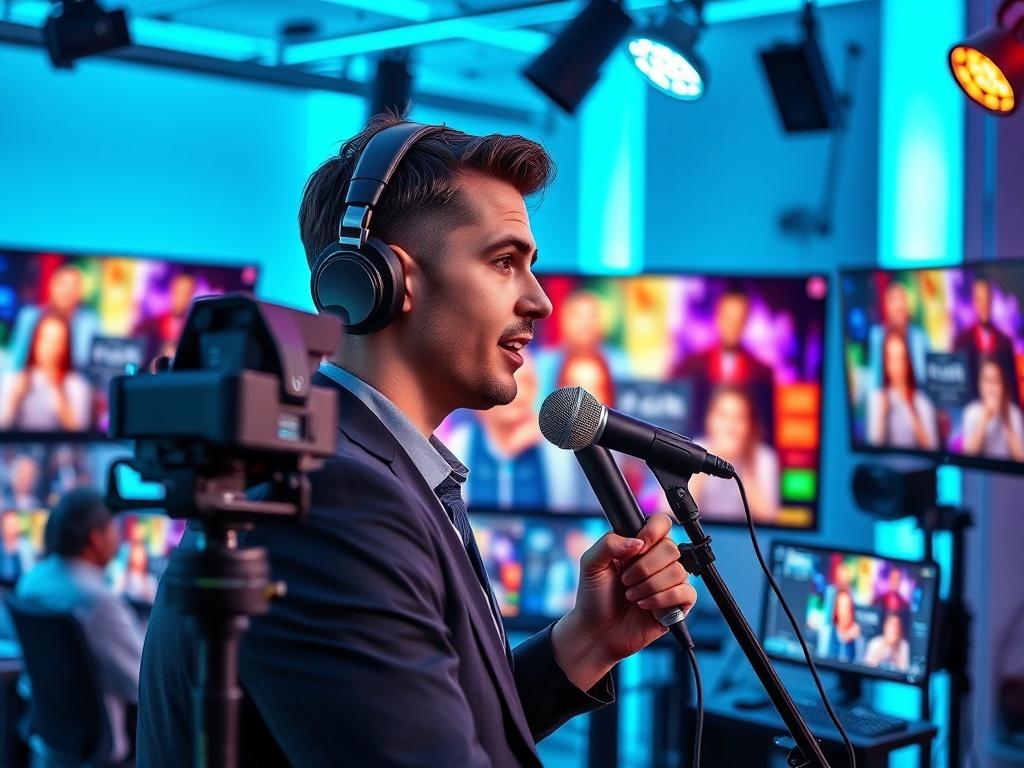 A dynamic live streaming setup showcasing a presenter speaking into a microphone with a colorful background of engaged viewers on screens. The environment is vibrant and tech-oriented, emphasizing the excitement of live interaction. The color palette includes cool blues and blacks with bright lighting.