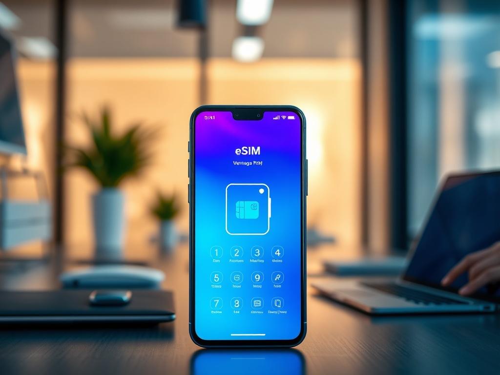 A high-resolution image of a smartphone displaying an eSIM interface, featuring vibrant colors with cool blues and blacks. The phone should be shown in a modern workspace setting, with a sleek design and clear visibility of the eSIM features. The background should be softly blurred to emphasize the phone as the main subject, showcasing its advanced technology.