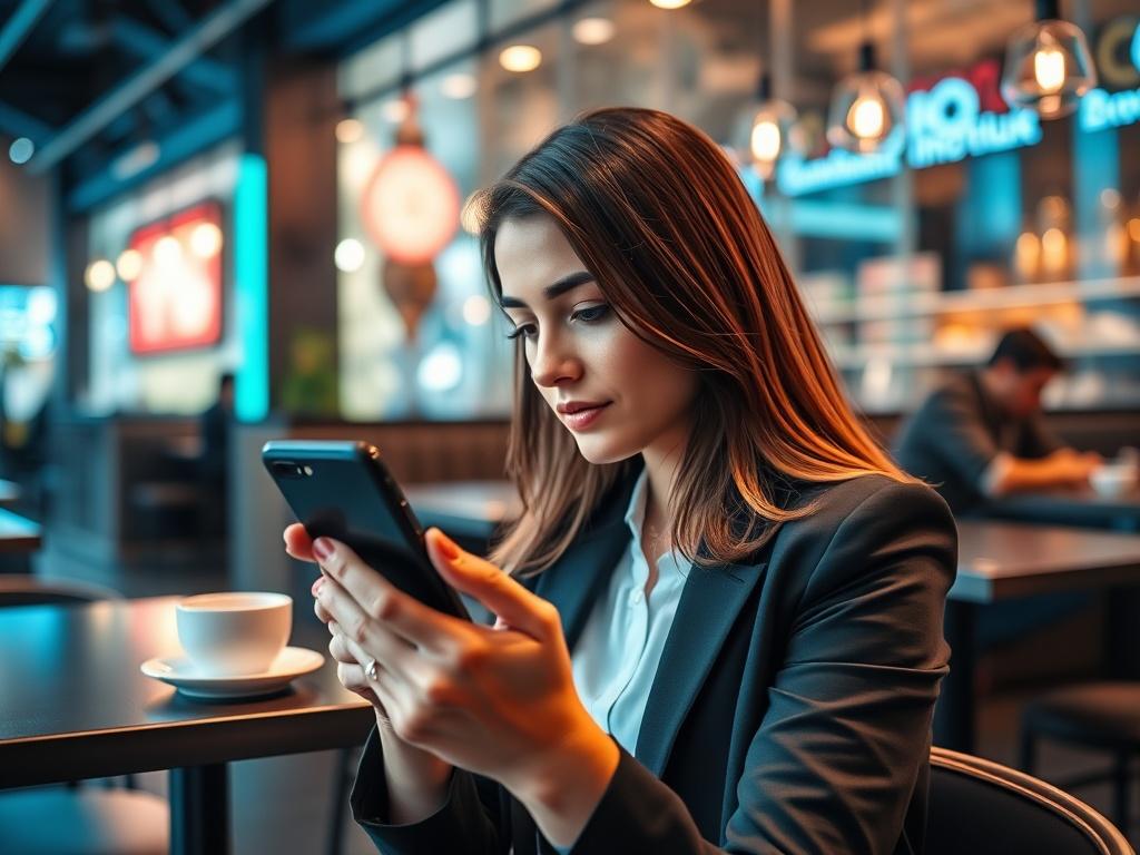 A sleek image of a person using a smartphone in a coffee shop, with a focus on the screen showing a chat interface. The environment should reflect a modern, vibrant atmosphere with cool blues and blacks, enhancing the tech-savvy vibe of the scene. The subject should appear engaged in conversation, highlighting the ease of use of the universal phone number integration.