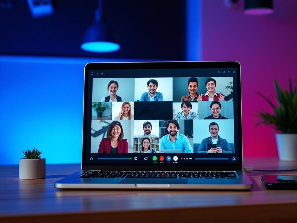 An engaging image of a group video call on a laptop, showcasing multiple users on the screen. The setting should be lively and modern, with an emphasis on the technology being used. Use a vibrant color palette featuring cool blues and blacks, with a clean background that highlights the interaction among participants.