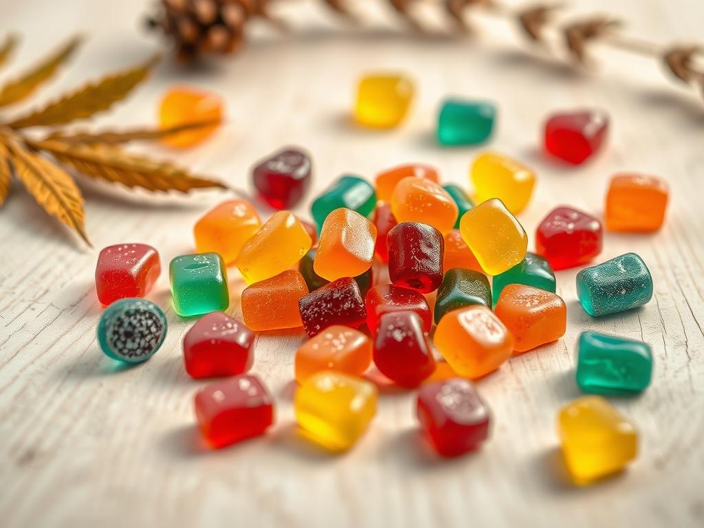 A vibrant, high resolution image of colorful CBD gummies in