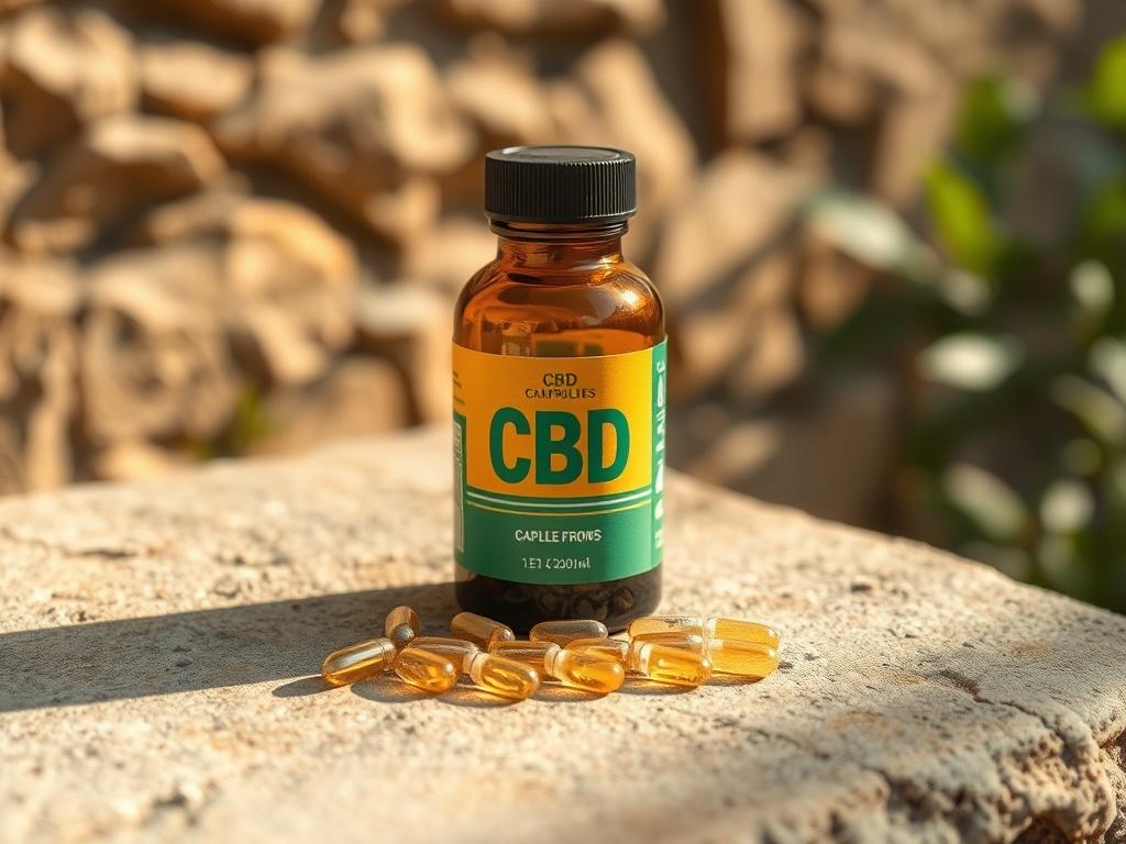A high resolution image of a bottle of CBD capsules,
