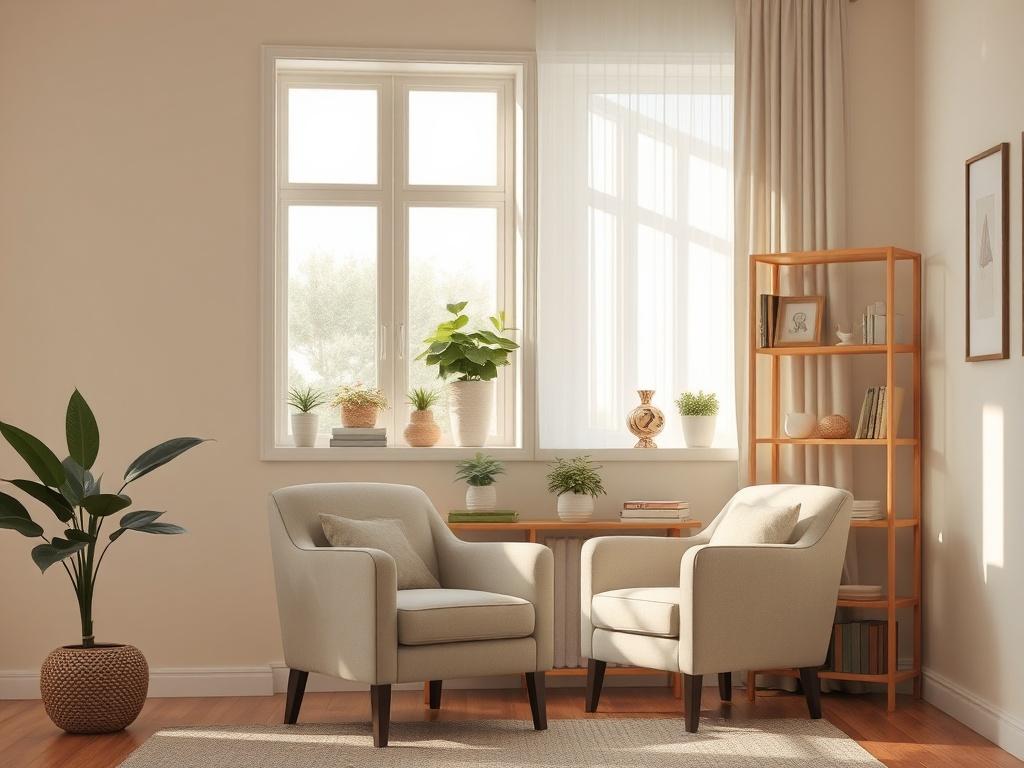 A serene, well organized living room with soft lighting