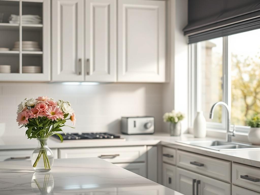 A revitalized kitchen space, showcasing a sparkling clean countertop, organized