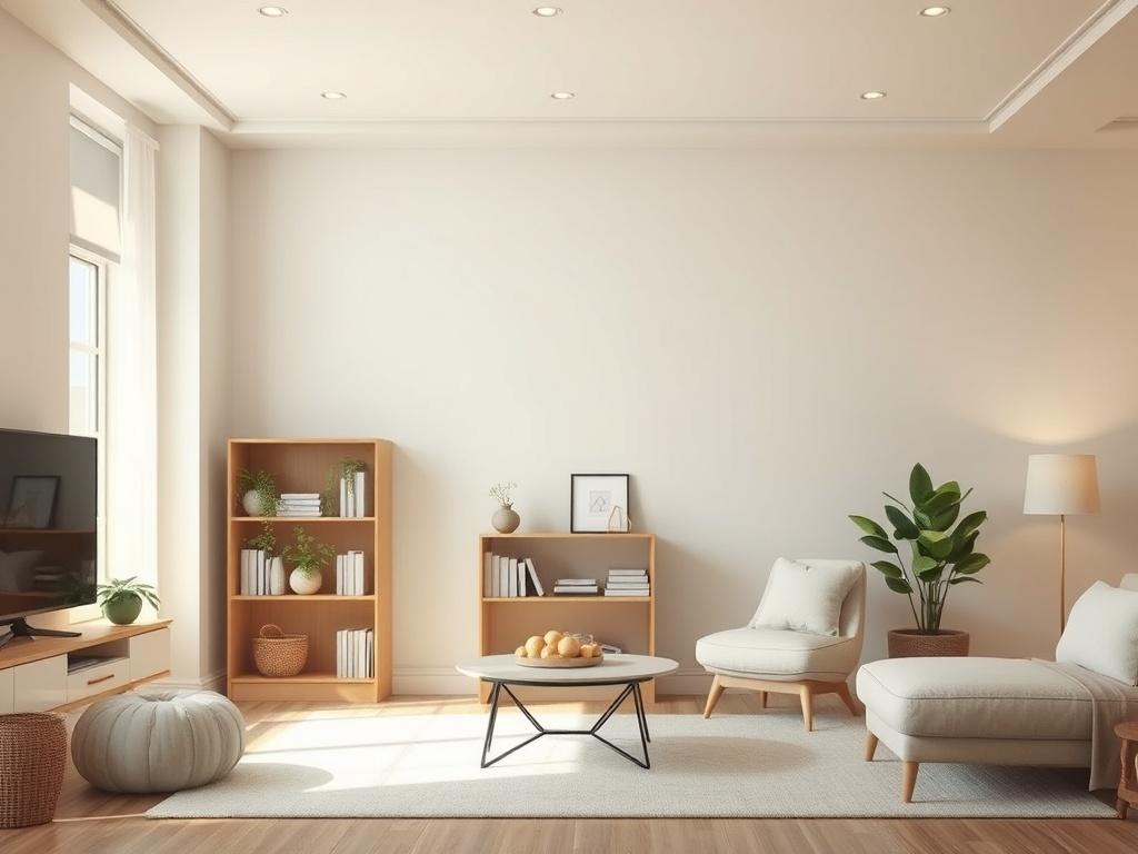 A serene and inviting living space, softly lit, showcasing a