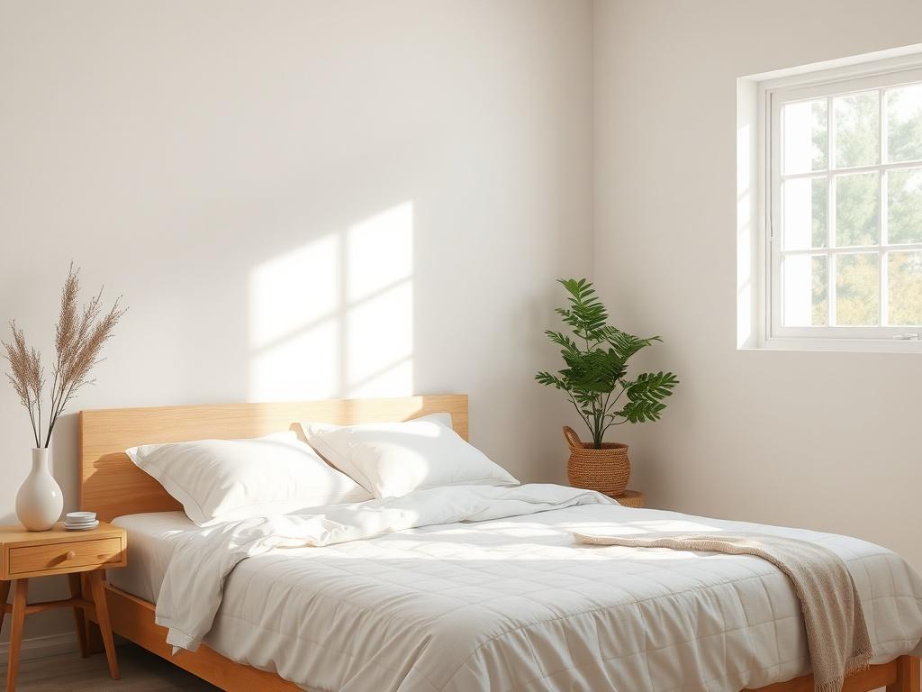 A tranquil bedroom scene, featuring a neatly made bed with