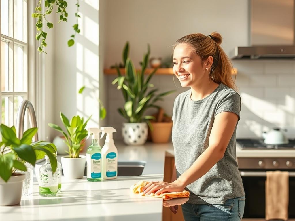 A bright, inviting kitchen with green plants and natural light,
