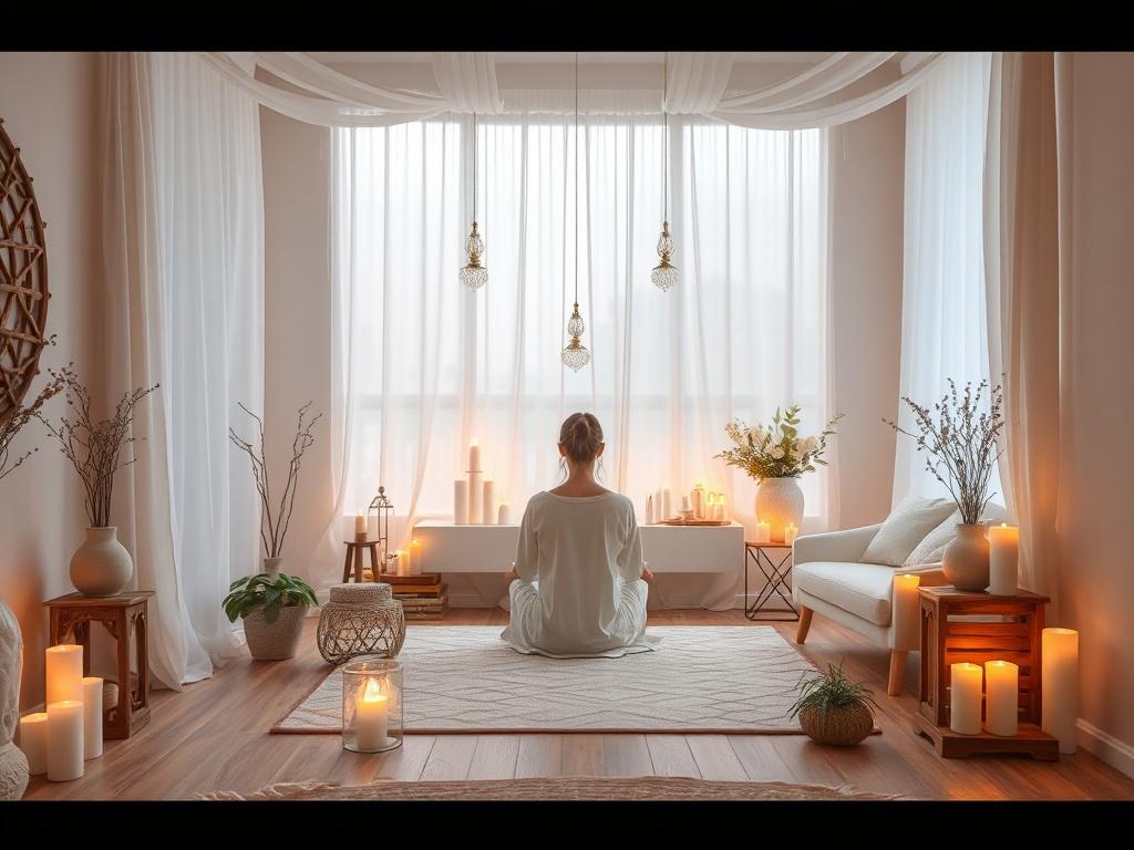 A peaceful room adorned with soft, calming decor, where a