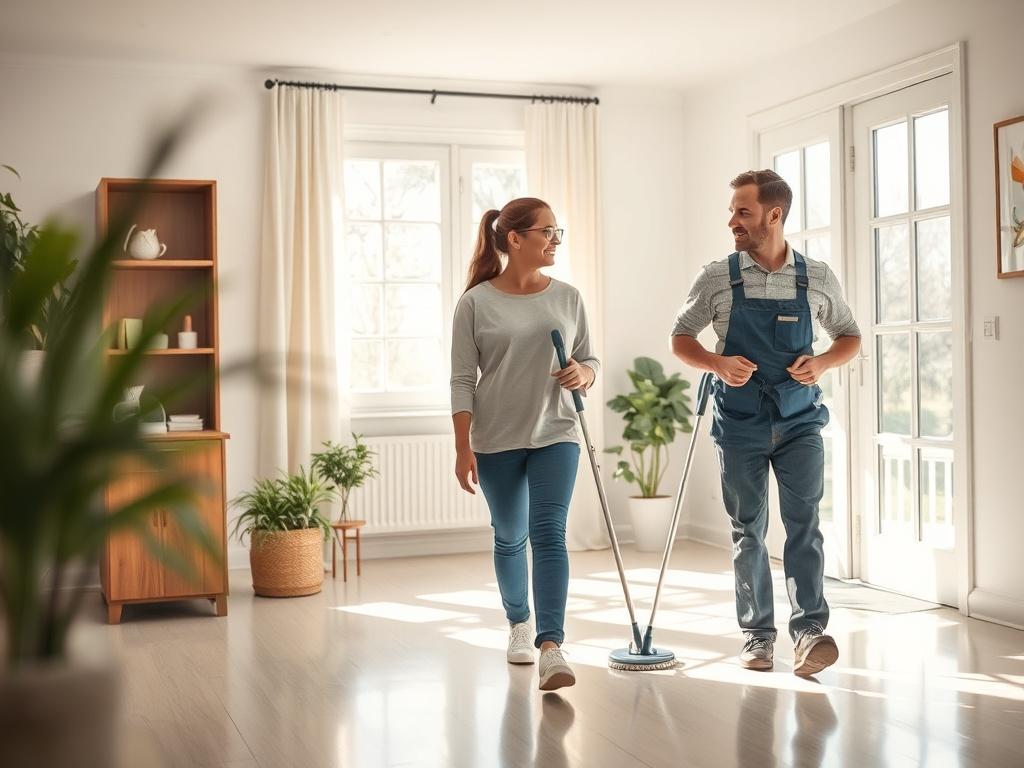 A client and a cleaning professional walking through a beautifully