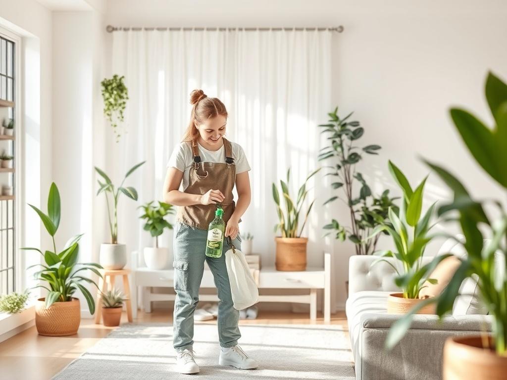 A cleaning professional in action, using natural cleaning products in