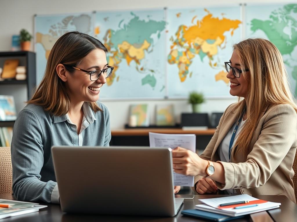 A close up shot of a travel consultant helping a