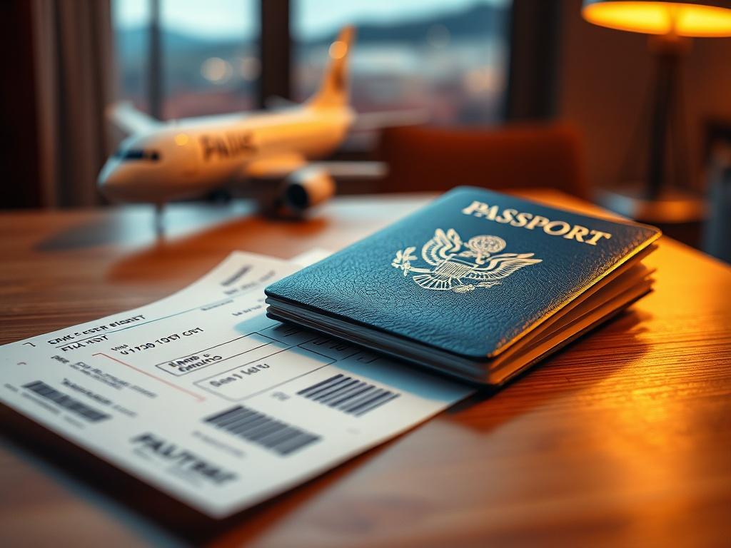 A hyper realistic close up of a passport and flight