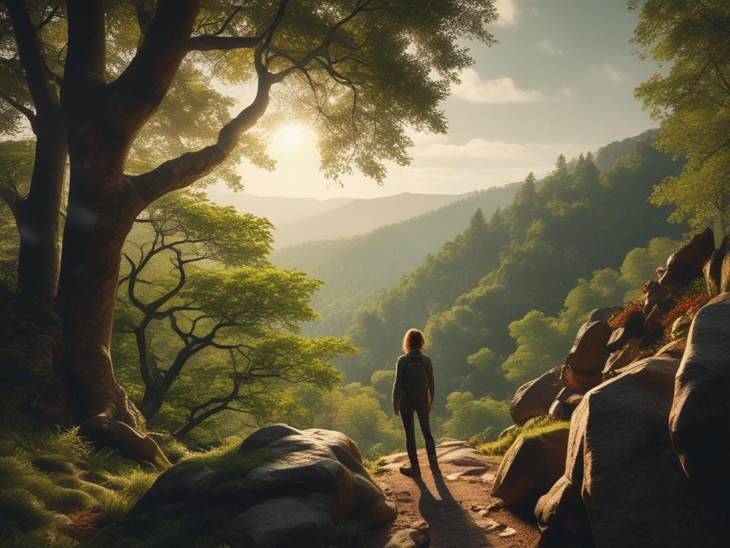 A serene outdoor landscape showcasing a lush green forest with